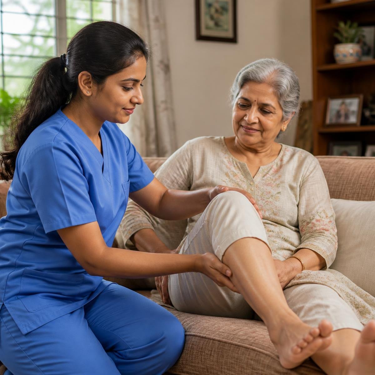 Indian physiotherapist treating an elderly patient's knee during a home visit in India