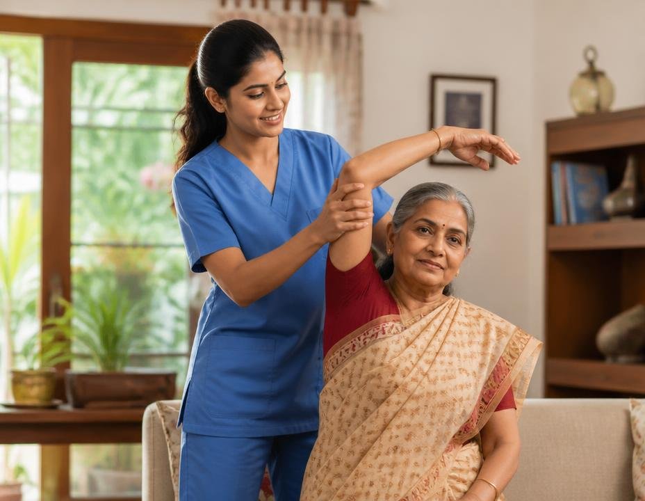 Indian physiotherapist guiding an elderly Indian woman through home exercises in her living room