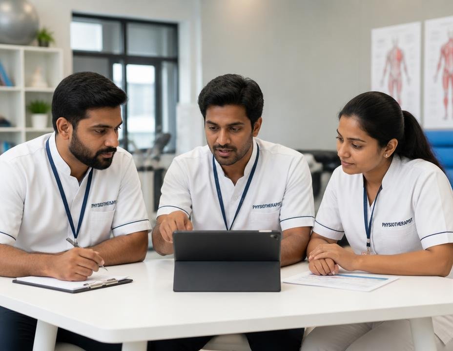 Indian physiotherapy team discussing a patient's home rehabilitation plan